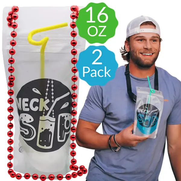 OG NeckSip Wearable Drink Pouches (16oz / 2-pack / Beads or Lanyards) Free Your Hands! Perfect for Parties, Festivals, Vacations, Concerts, Picnics, Gifts, Beaches, BBQs, Tailgating. (USA Made / Fast Shipping)