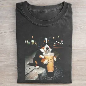 Comfort Colors Funny Bernese Mountain Drinking Iced Coffee T-shirt, Vintage 90s Edgy Dog Meme Tee, Unisex Fit Design, Casual Streetwear, Gift for Dog Lovers