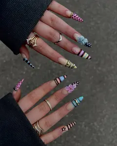 [NEW RELEASE] Colorful Stripe Press On Nails 3D Flower Polka Design Mixed Stiletto Set