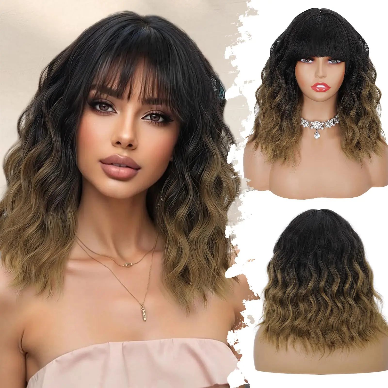 HIUSVO Bob Wig with Bangs 14 Inches Short Wavy Wigs Synthetic Curly Wig for Women Natural Looking Heat Resistant Fiber Hair for Daily Party Cosplay Use