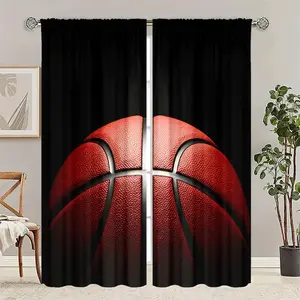2pcs A red basketball pattern on a black background Pattern High Definition Digital Print Curtains, Semi-Transparent Polyester, Washable, Bedroom and Living Room Decor