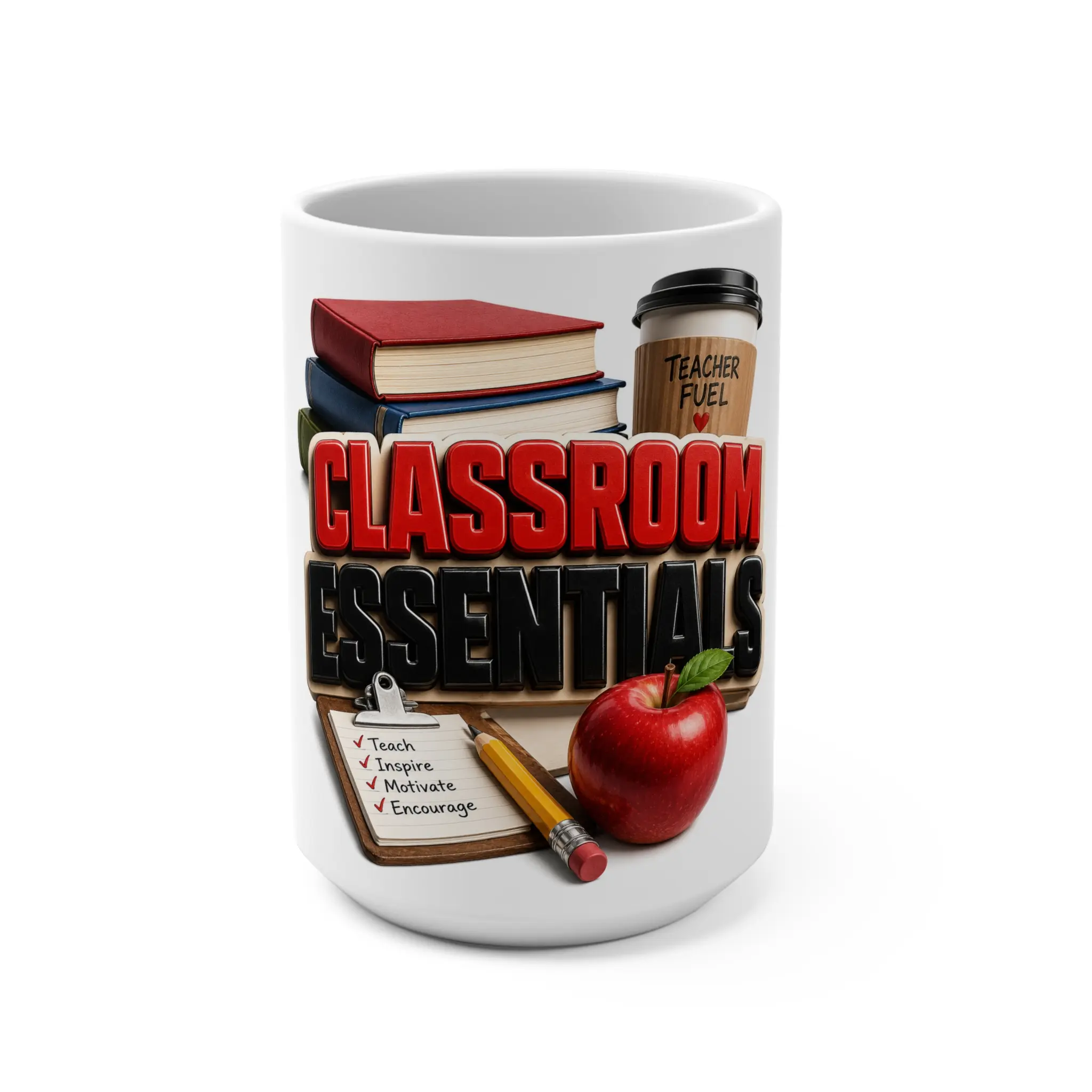 Classroom Essentials Mug | Teacher Fuel, Books, Apple, Pencil