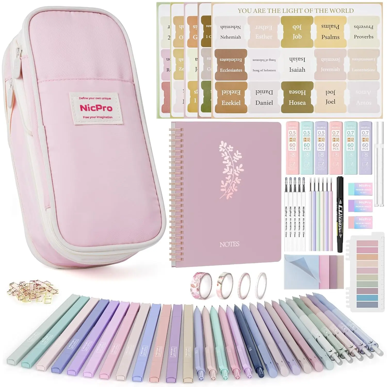 76PCS Bible Study Supplies, Bible Journaling Kit for Women, Bible Study Kit with Notes and Tabs, Aesthetic Book Annotation Kit, Bible Accessories Set for Women Christian Gifts (Pink) Mechanical Pencils Erasers