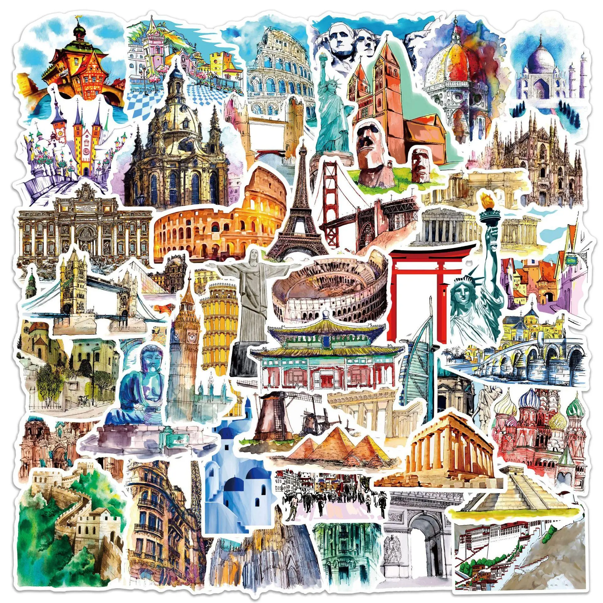 50pcs/set Travel World Landmark Series Graffiti Stickers, Decorative Stickers For Water Bottles, Skateboards, Notebooks, Laptop Decoration, Aesthetic Stickers