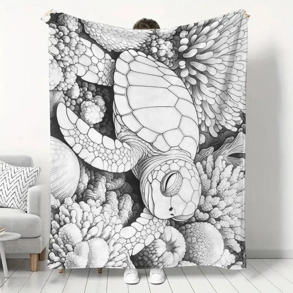 Sea Turtle Coloring Book Style Blanket, Soft Flannel Throw Blanket with Black White Ocean Turtle Coral Reef Print, Cozy Gift for Kids Girls Teens and Sea Turtle Lovers, Fun Beach Room Decor for Bed Couch Sofa Dorm, Lightweight Warm Blanket