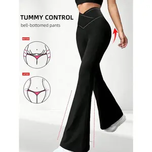 Women's High Elasticity Polyester Yoga Pants, Cross-Waist Casual Long Leggings, Fitted Knit Wide-Leg Sweatpants for Fitness and Leisure