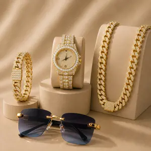 Men’s Iced Out Rhinestone Watch Set with Cuban Link Necklace, Bracelet & Fashion Sunglasses, Hip Hop Jewelry Accessories for Men, Father’s Day Gift, Boyfriend Birthday Gift, Best Friend Gift, Party & Daily Wear Style Set