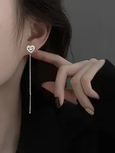 Heart-Shaped Copper Stud Earrings with Artificial Zirconia Dangle, Elegant Jewelry Accessory for Women & Girls, Perfect Gift Idea