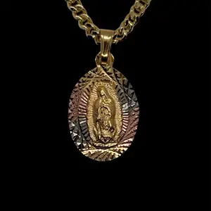 14k Gold Plated Virgen de Guadalupe Diamond Cut Necklace 3 Golds Virgin Mary Necklace Virgen de Guadalupe Tres Oros Diamante Corte Laminado