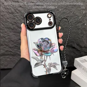 Suitable for [iPhone 17 Pro] high-end women's phone case🥰，a beautiful four-leaf clover lanyard is included🍀，electroplated Four-Corner Shockproof phone casesophisticated, minimalist rose pattern YM99