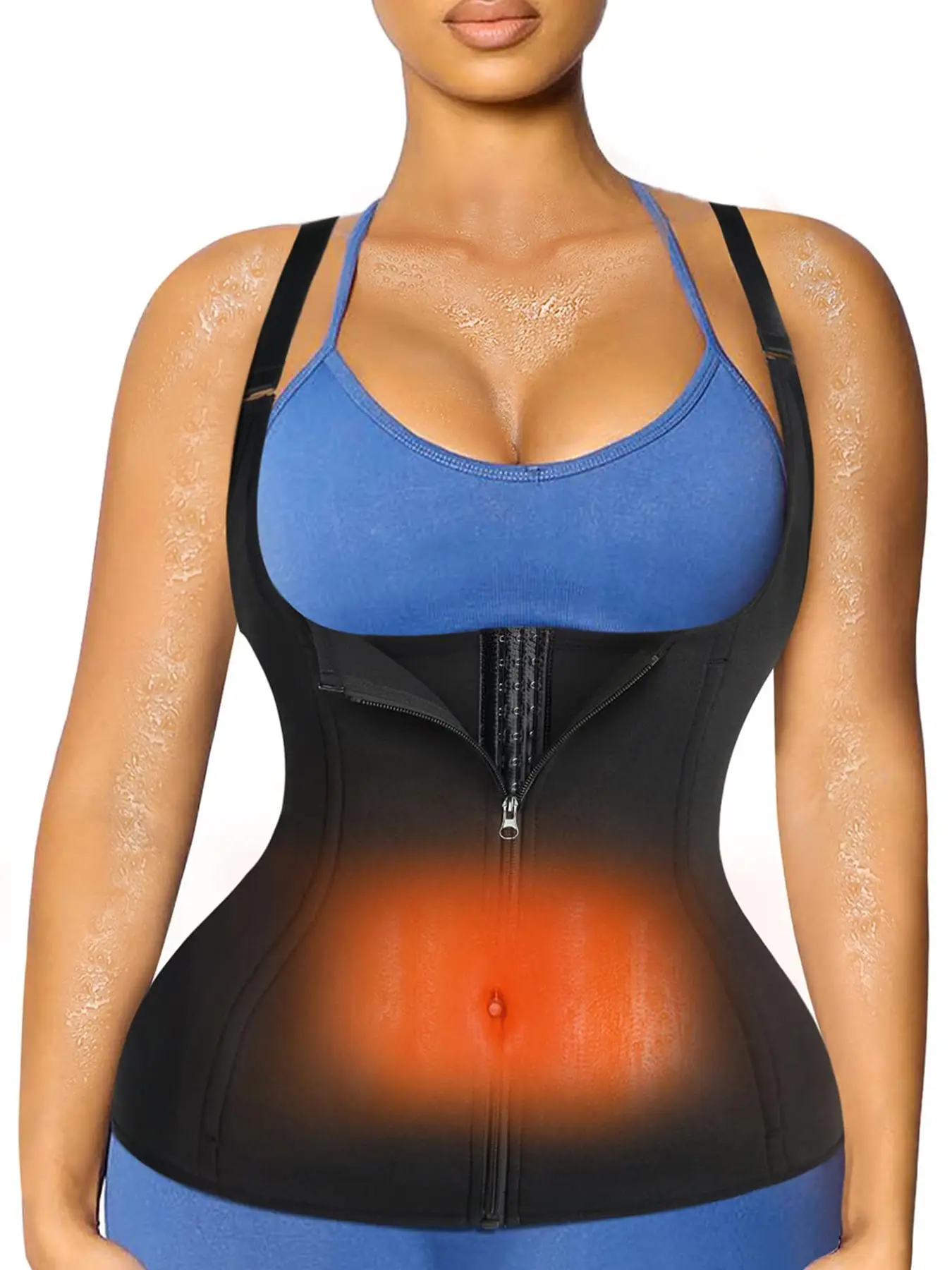 Women's Hook & Eye Zip Front Open Bust Sauna Tank Top, High Stretch Tummy Control Sauna Top, Ladies Sportswear for Indoor Outdoor Wear, Workout Tops