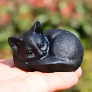 2'' Cute Natural Black Obsidian Sleeping Cat Crystal Healing Energy Crystal Hand Carved Crystal for Cat Collection Home Decor & Gifts