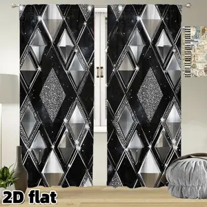 2D Flat 2Pcs Modern Diamond Pattern Window Curtains, Interior Decoration Accessories, Geometric Black Silver Glitter Design, Rod Pocket Style Semi Sheer Polyester Panels, Suitable for Home Treatment, Light Filtering Privacy