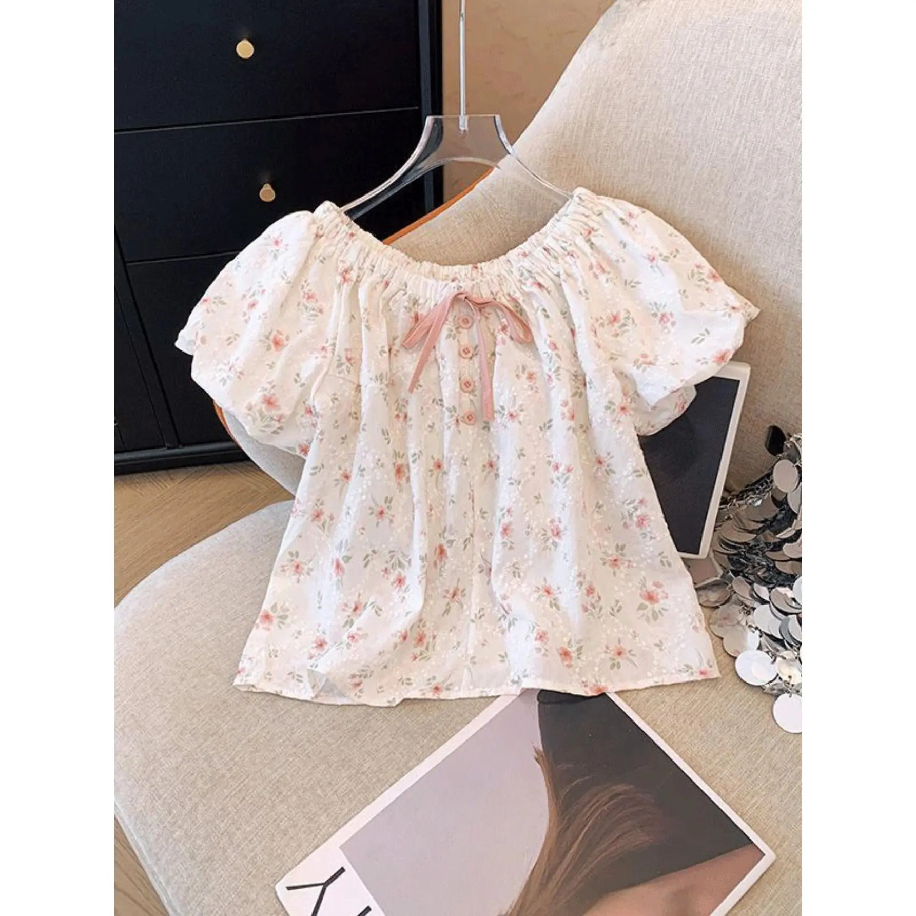Girls' Korean Style Ditsy Floral Knit Babydoll Top - Off-Shoulder Puff Long Sleeve Shirt, Crew Neck, Slim, Casual, Medium Stretch, Machine Washable/Dry Clean Option, for 3+/3-4y/7-8y/9-10y Over 3 Years Old Summer Wear