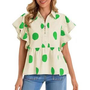 Imily Bela Womens Polka Dot Babydoll Tops Peplum Ruffle Cap Sleeve Blouses Summer Casual Half Button Up Shirts