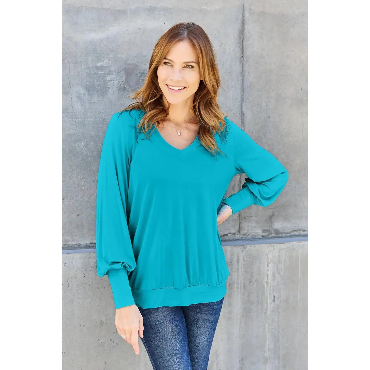 Women's Elegant V-Neck Long Lantern Sleeve Soft Spandex Rayon Blouse - Lightweight, Opaque, 1-Piece Statement Top, Ideal for Everyday Wear with Wide Leg Jeans