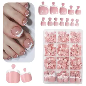 240Pcs Short Square White French Tip Press on Toenails, Reusable Acrylic Fake Toe Nails, Stick on Glue on Toenails with Design for Women Manicure