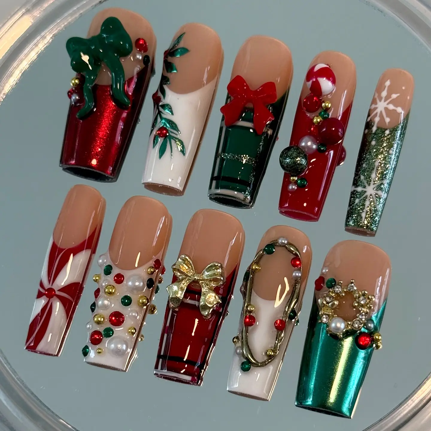 Christmas Press On Nails Handmade 3D Red Green Long Square Holiday Reusable Acrylic Gel False Nails | FREE Adhesive Tabs FREE Nail File FREE Cuticle Stick