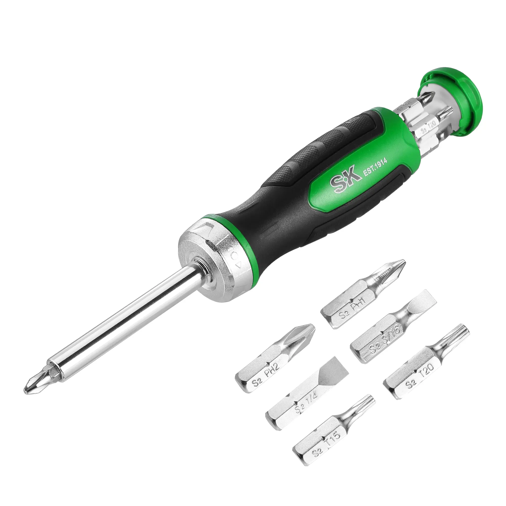 #backtoschool SK 7-in-1 Ratcheting Screwdriver, 216-P, 6 Bits (Phillips, Star, Slotted), 1 Nut Driver Size (1/4 Inch), S2 Steel, SureGrip Handle