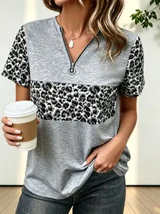 Leopard Print Half-Zip T-Shirt, Loose-Fit Summer Top, Casual Women's Clothing, Plus Size, Daily Wear, European and American Style, Womenswear