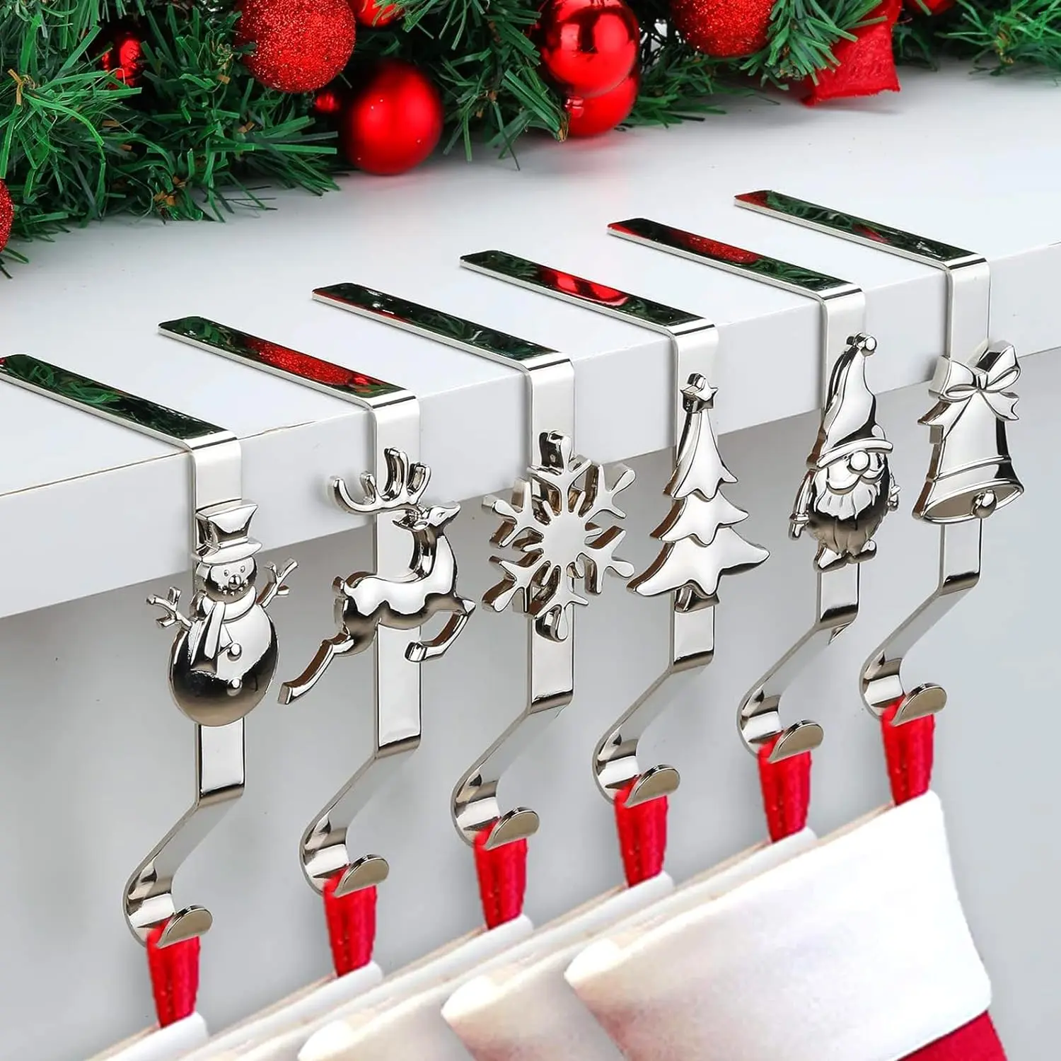 Silver Stocking Holders for Mantle - Set of 6, Christmas Stocking Hangers