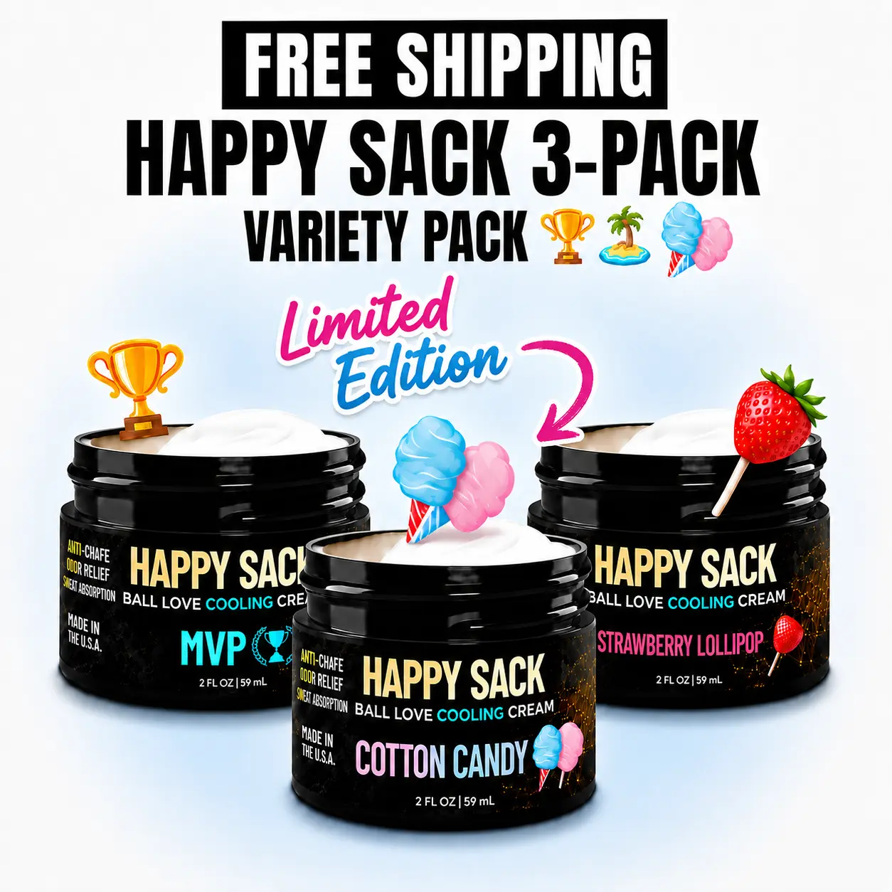 Derm Dude Happy Sack Ball Love Cooling Cream | Variety Pack 3 Pack | Cotton Candy, Strawberry Lollipop and MVP Scents