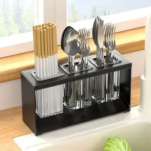 1pc Multifunctional Drain Rack With Built-in Drainage Storage Box, Household Chopstick Tube, Kitchen Tableware Storage Rack, Knife, Fork And Spoon Storage Rack, Countertop Storage, Organiser