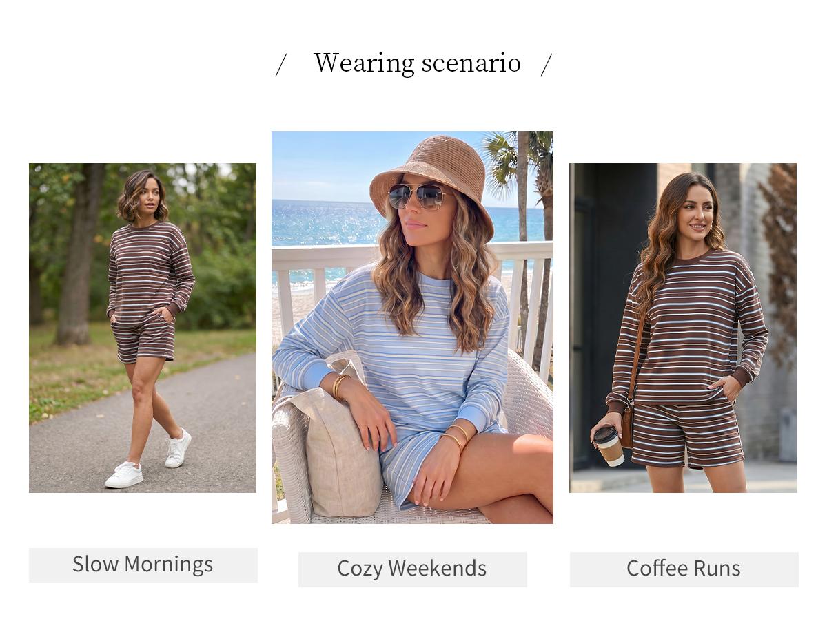 Chicovar Women's Striped Lounge Set, Oversized Long Sleeve Crewneck Top and Shorts Matching Set, Casual Relaxed Fit Two Piece Outfit, Comfy Everyday Loungewear #sohochic