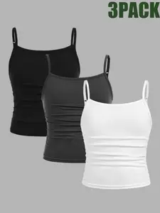 Girls' Knitted Sleeveless Thin Shoulder Strap Bottom Top 3-Piece Set, Spring, Summer, Autumn, Winter, Casual and Elegant, Simple and Versatile, Essential for Daily Wearing, Playing, Sports, Party, Machine Washable or Dry Cleaning, Can be worn inside or ou