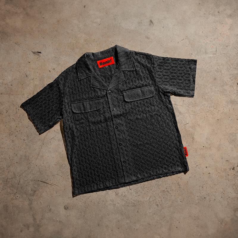 Black Lace Button-Up Camp Collar Shirt