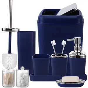Navy Blue Bathroom Accessories Set, 9-Piece Plastic Gift Set with Trash Can, Toothbrush Holder, Toothbrush Cup, Soap Dispenser, Soap Dish, Toilet Brush Holder,2 Qtip Holder Dispensers and Tray