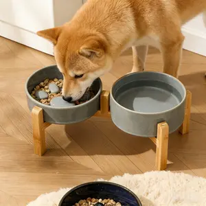 Elevated Ceramic Dog Bowl Set, Non-Slip Bamboo Stand, Dual-Layer Slow Feeder, Adjustable Pet Food Bowl, Storage Included, Small/medium Dogs