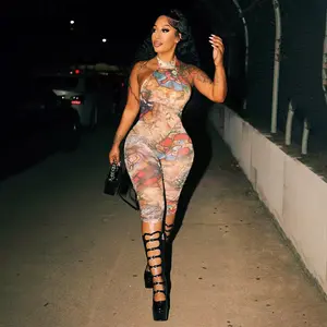 Confessions Sheer Jumpsuit - Slim-Fitting Sleeveless Summer Style with Sexy Y2K Flirty Design for Women 95% Cotton 5% Spandex Backless Chic Halter Overalls Fabric Womenswear