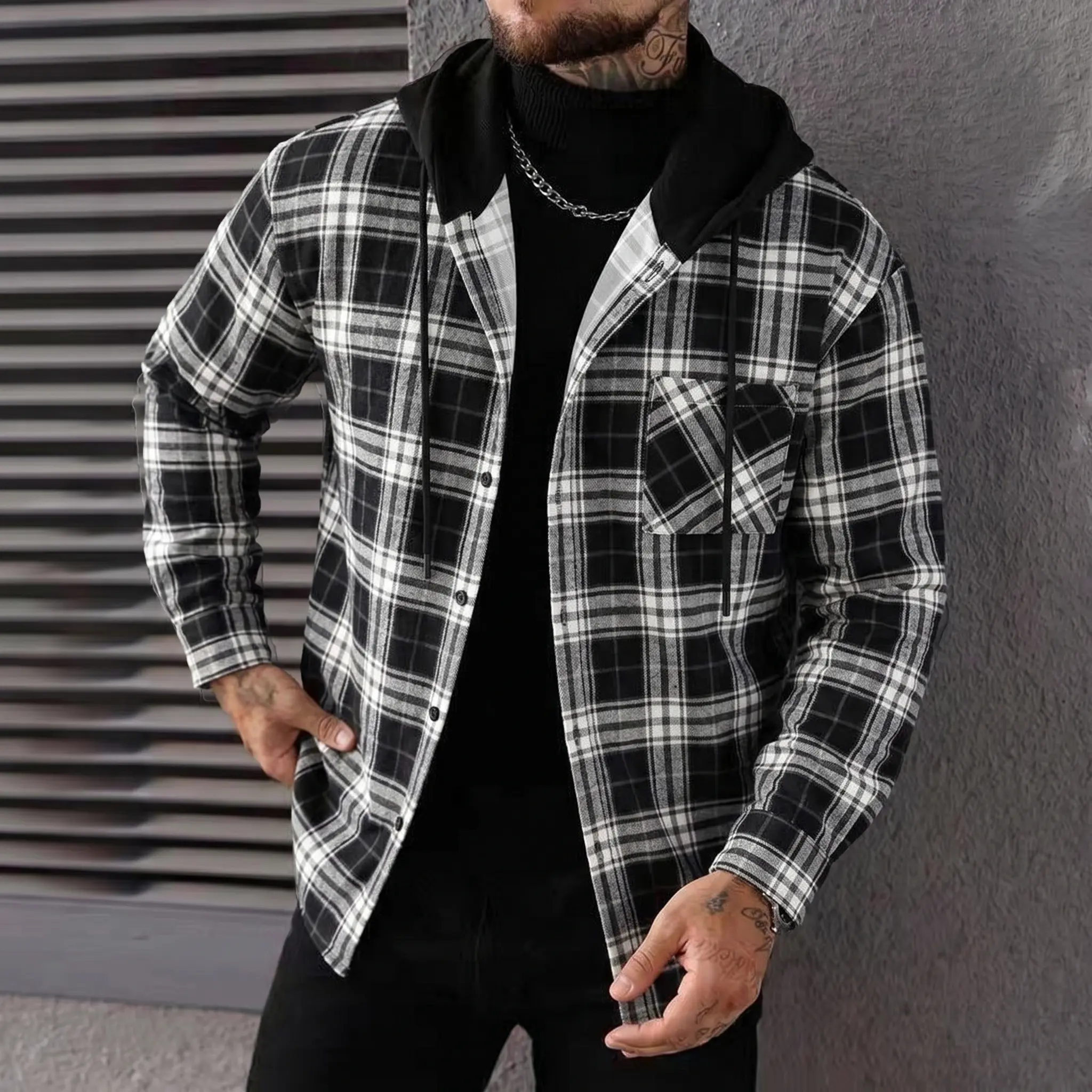 Men's Checked Long Sleeve Plaid Button-Front Drawstring Hooded Shirt - Regular Fit, Polyester Knit Menswear Tops, Casual Wear Outerwear with Pockets, Ideal for Spring & Fall Daily Use