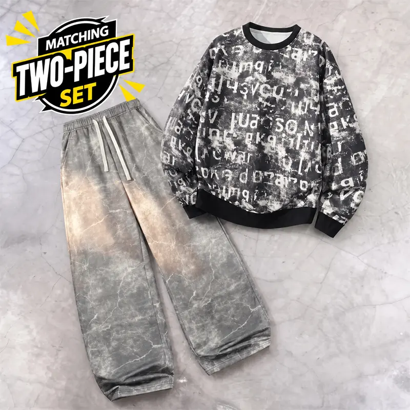 Men’s “No‑match” color‑blocked two‑piece set, letter‑print crewneck sweatshirt + tie‑dye marble‑pattern drawstring wide‑leg sweatpants, street‑style streetwear, casual athletic outfit, no need for complicated matching.