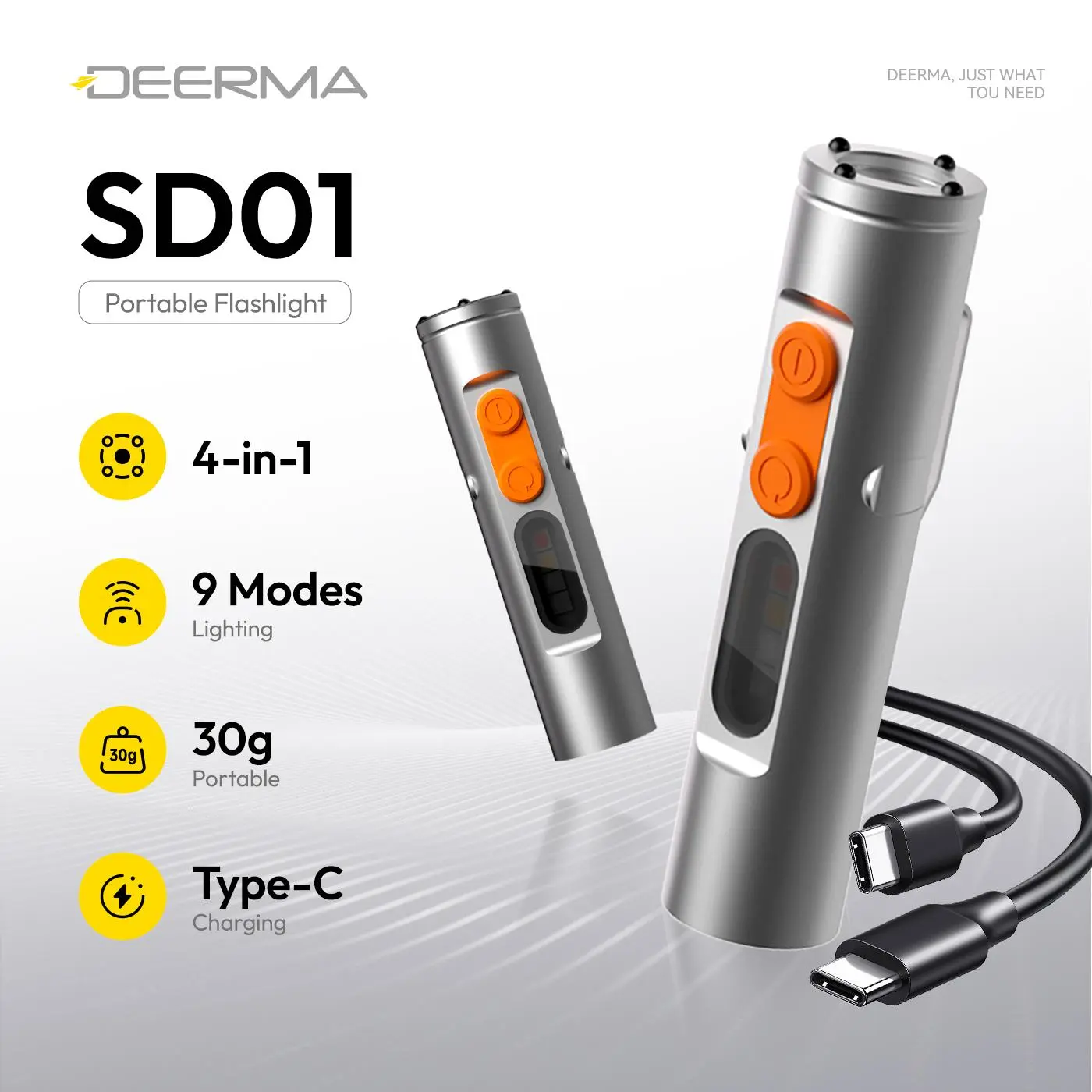 DEERMA SD01 Mini Pocket Rechargeable EDC Flashlight 350 Lumens Type-C  Charging Magnetic Base Keychain Light With 3 Color Side Lights Red Blue  Strobe Fire Starter Window Breaker Outdoor Camping Emergency Daily Carry -