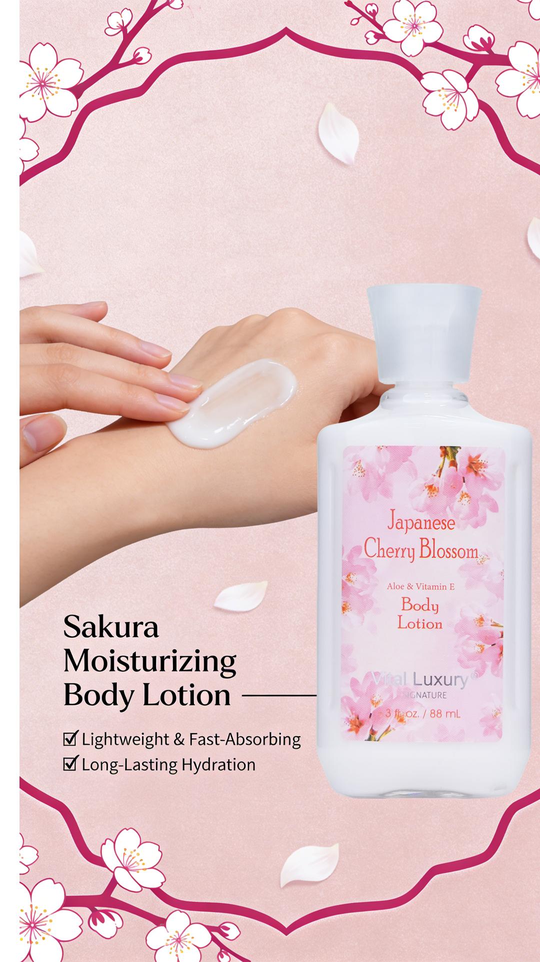 Japanese Cherry Blossom Bath & Body Travel Set – 3oz Shower Gel, 3oz Body Lotion, 3oz Body Mist & 2.5oz Bath Salts | Silky Lather, All-Day Fresh Scent, Moisturizing & Revitalizing | Ideal Gift for Mom, Wife, Sister & Girlfriend