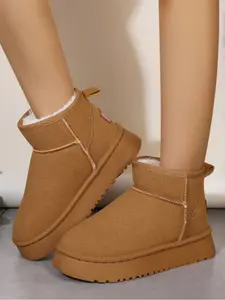 Women's Thick Sole Fleece Snow Boots, Caramel Color Warm Short Boots, Winter Commuter Shoes, Casual Daily Wear, Soft Bottom Comfortable Boots, Fluffy Snow Boots