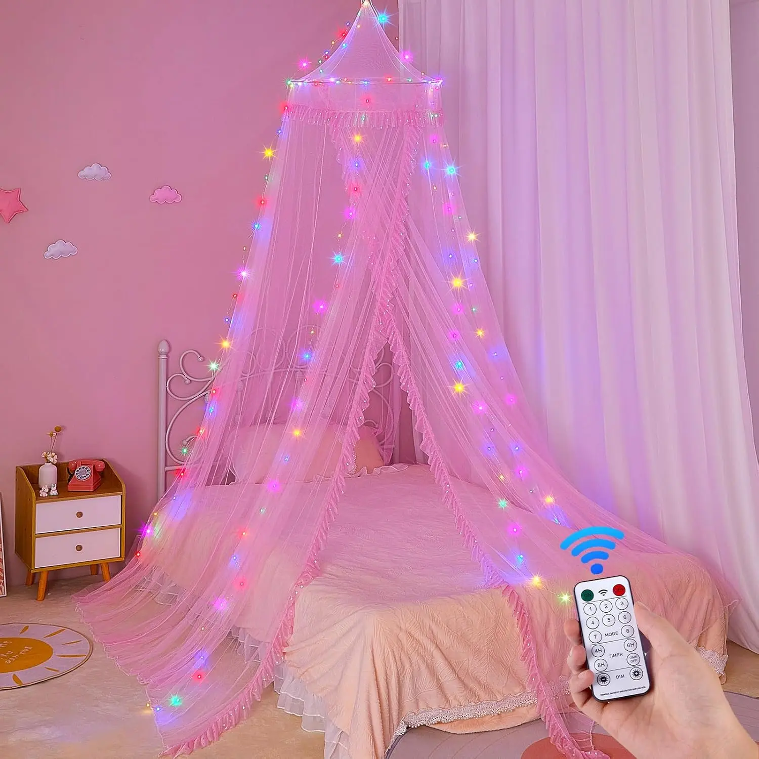 Bed Canopy for Girls with Remote Timer Breathable Canopy Bed Curtains with 8 Modes LED Lights Net Canopy for Bed for Girls Room Decor Pink