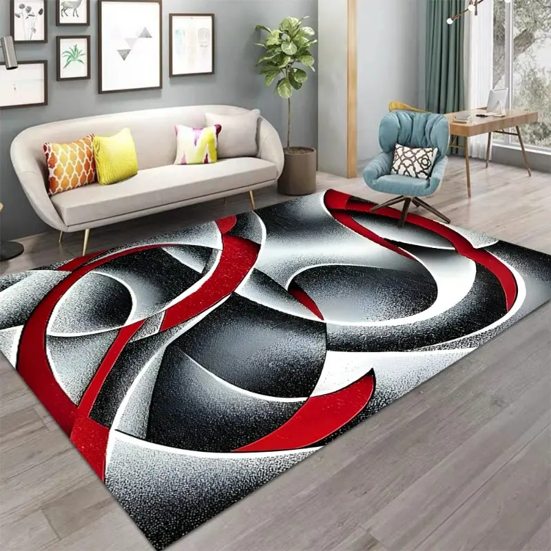 Modern 2D Abstract Curved Flannel Area Rug, Abstract Area Rugs, Geometric Pattern Rug - Red Black White Geometric Print Soft Mat for Living Room & Bedroom, Non-Slip Home Decor, Indoor Rug, Decorative Rug, Floor Rug