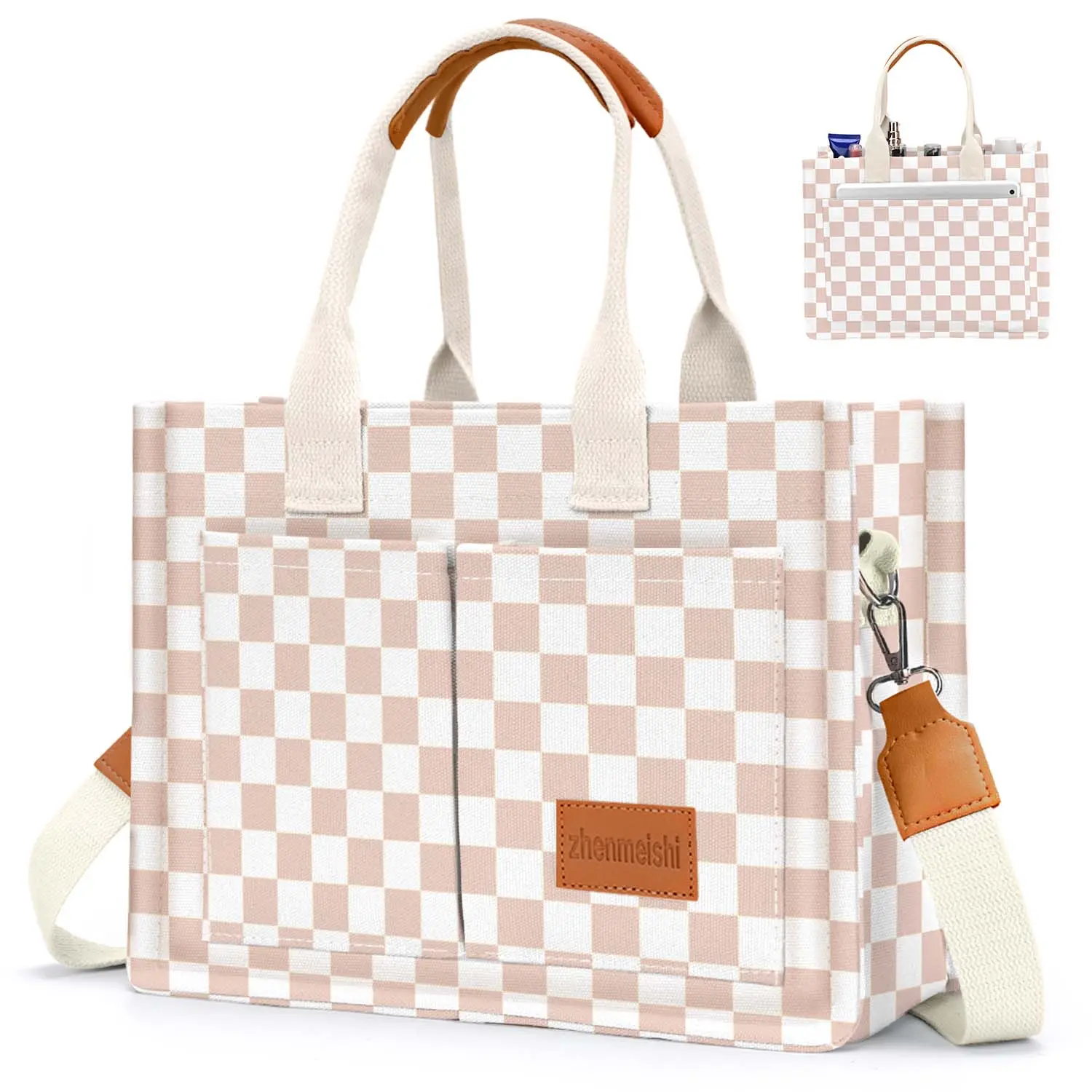 Canvas Tote Bag for Women with Pockets Crossbody Bag Tote Shoulder Handbags Casual Work Bags Everything Tote Bag Large Work Purses Bible Tote, Solid Color/Flower/Fruit/Heart Pattern Storage Tote Bag for Women
