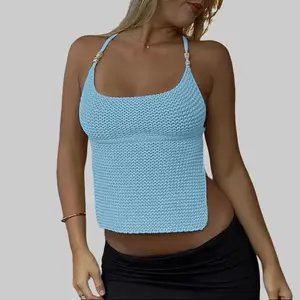 Ribbed Knit Backless Cami Top with Back Crisscross Lace Up Tie for Women's Casual Bodycon Summer Beach Vacation Outfits go Party Club Dating Tank Tops