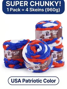 Patriotic Red White Blue Chunky Chenille Yarn (4 Pack) - No-Needle Finger Knit Yarn, Ultra Soft Plush Cat Tail Yarn for DIY Blankets & Gifts
