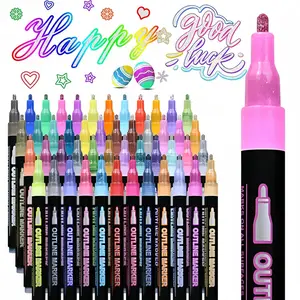 Double Line Outline Marker Pen Set, 1 Box Self Outline Metallic Marker Pen Set, Glitter Writing Drawing Pens for Birthday Greeting Card, Doodling, DIY Art Crafts, Art Supplies