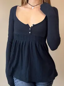 Sweet Girl A-Line Solid Color Button Pleated Doll Long Sleeve Spring Autumn Knit Top, Retro Casual Style Preppy College Wear