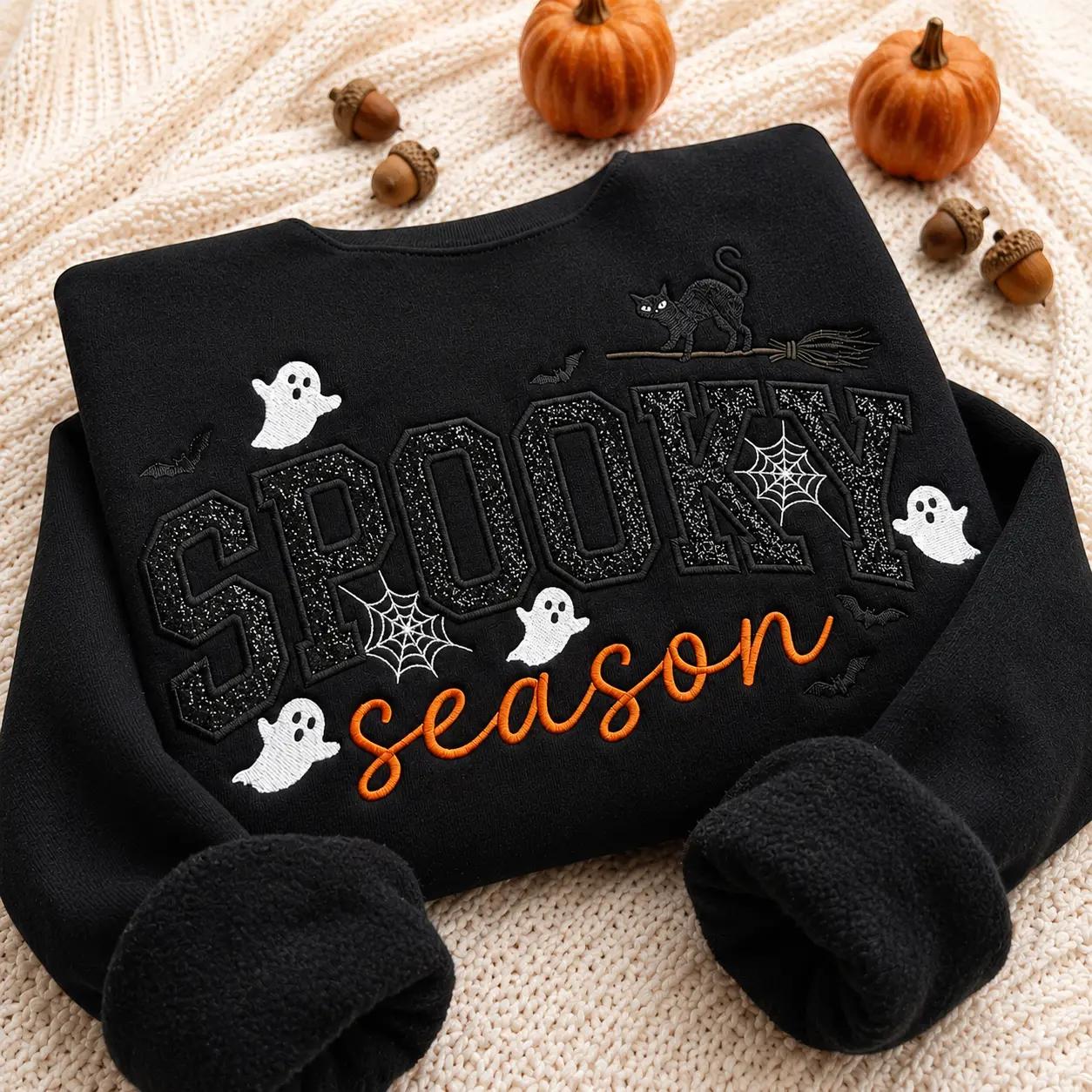 Spooky Season Embroidered Sweatshirt, Halloween Ghost Sweatshirt, Black Cat Witch Sweatshirt, Cute Spooky Crewneck, Fall Halloween Shirt