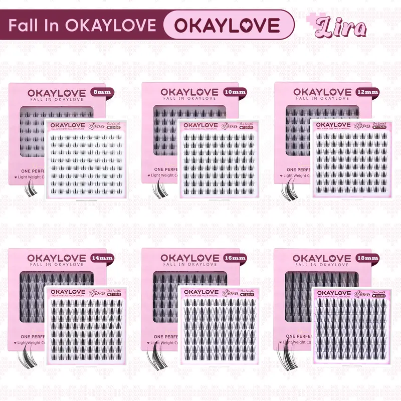 OKAYLOVE Lira Cosmetic D-Curl Cross Cluster Lashes Kit, Lightweight Soft Fibers, Assorted 8-18MM (8/10/12/14/16/18MM) False Extensions, Easy At-Home DIY Application, Nature-Inspired Makeup Gift for Girls, Assorted False Eyelashes & Adhesives
