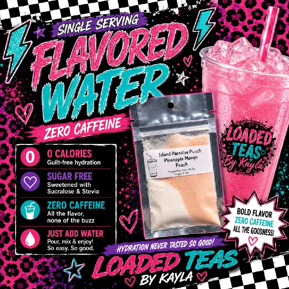 Flavored WATER - Refreshing Beverage for on the go. ZERO CAFFEINE taste like a loaded tea without the caffeine. 100% sugar-free flavors sweetened with sucralose. These are so easy to make and are ready for you to make on the go.