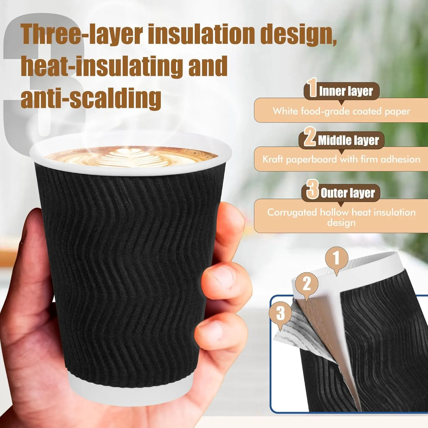Disposable Coffee Cups 12 oz, 50-Pack Corrugated Insulated Paper Cups for  Hot and Cold Drinks, Ripple Wall Design, Black - TikTok Shop