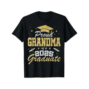 [100% Cotton] graphic tees Proud Grandma of a 2025 Graduate T-Shirt- Black Cotton Knit with Golden Glittery Lettering